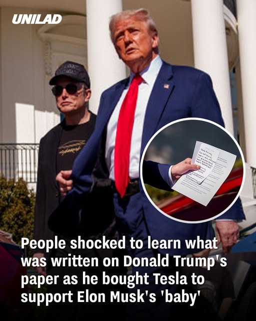 People shocked to learn what was written on Donald Trump’s paper as he bought Tesla to support Elon Musk’s ‘baby’