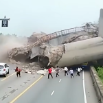The bridge support collapsed after the earthquake, but it was just the outer concrete #crash #car