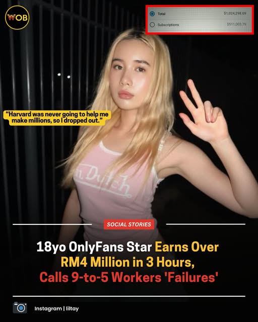 Social Stories18yo OnlyFans Star Earns Over RM4 Million in 3 Hours, Calls 9-to-5 Workers ‘Failures’